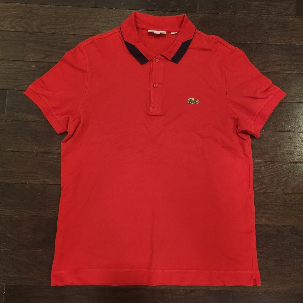 Lacoste Men's Red Polo With Unique Navy Blue Collar Size M